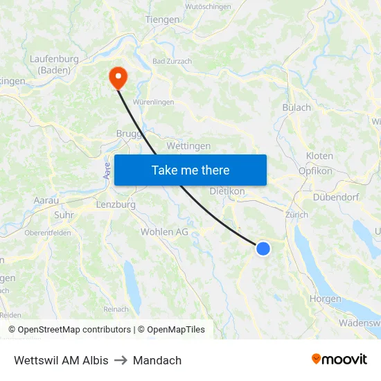 Wettswil AM Albis to Mandach map