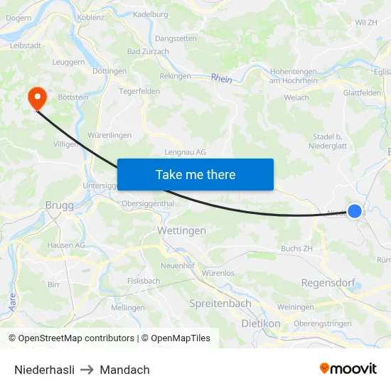 Niederhasli to Mandach map