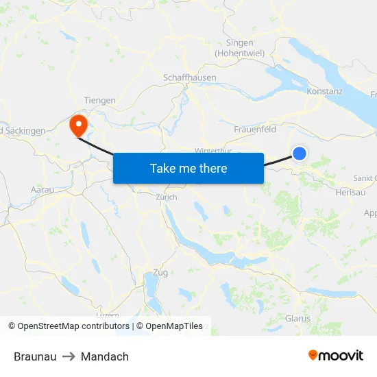 Braunau to Mandach map