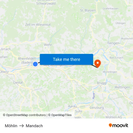Möhlin to Mandach map