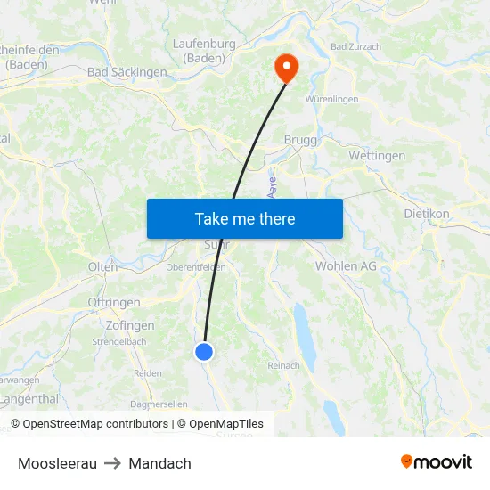 Moosleerau to Mandach map