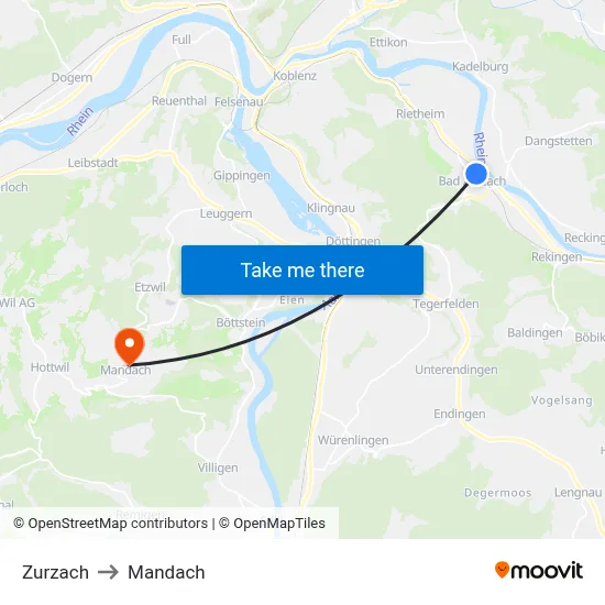 Zurzach to Mandach map
