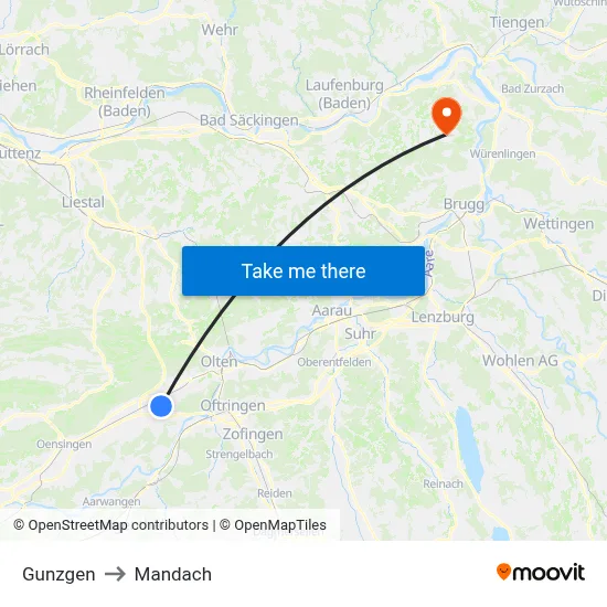 Gunzgen to Mandach map