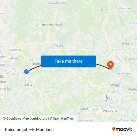 Kaiseraugst to Mandach map