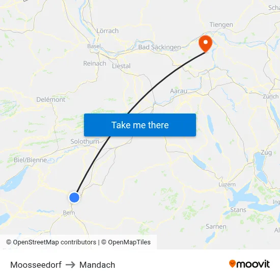 Moosseedorf to Mandach map