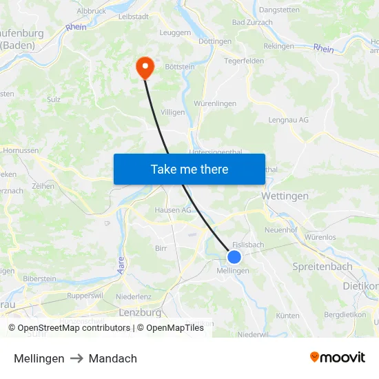 Mellingen to Mandach map