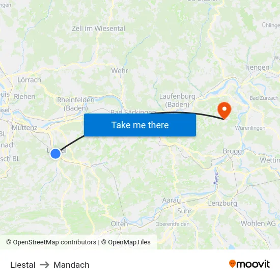Liestal to Mandach map