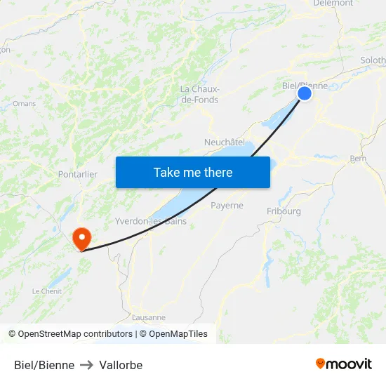 Biel/Bienne to Vallorbe map