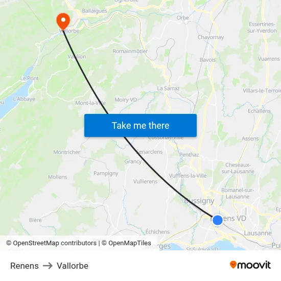 Renens to Vallorbe map