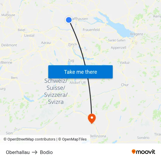 Oberhallau to Bodio map
