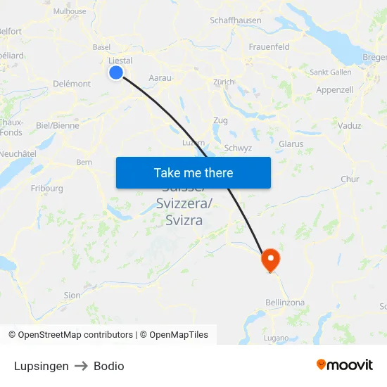 Lupsingen to Bodio map