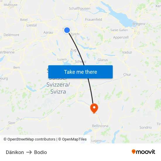 Dänikon to Bodio map