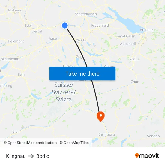 Klingnau to Bodio map