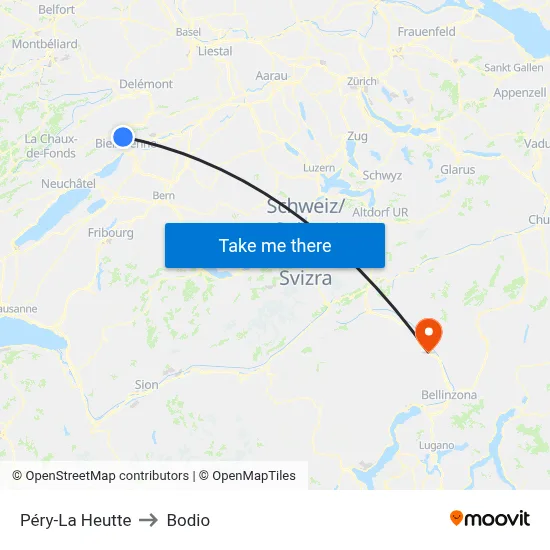 Péry-La Heutte to Bodio map