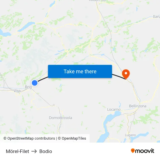 Mörel-Filet to Bodio map