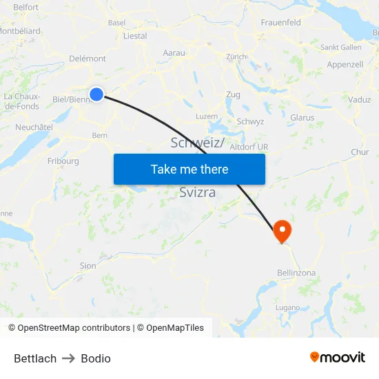 Bettlach to Bodio map