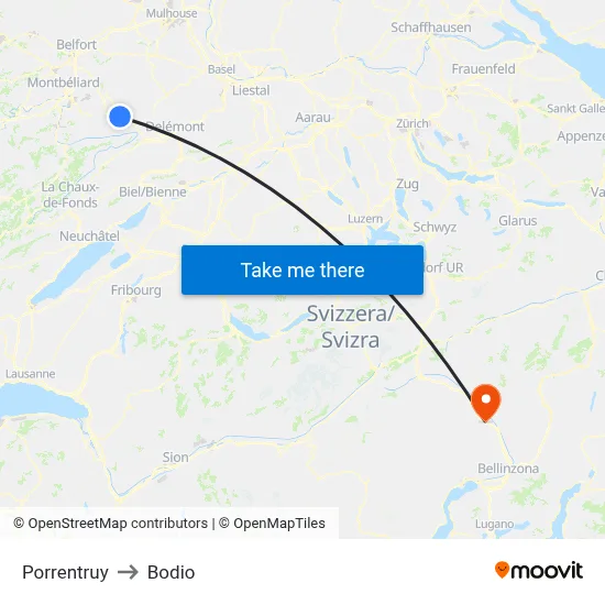 Porrentruy to Bodio map