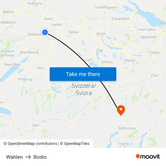 Wahlen to Bodio map