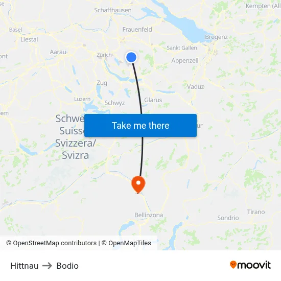 Hittnau to Bodio map