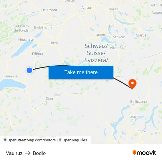Vaulruz to Bodio map