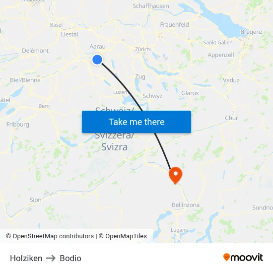 Holziken to Bodio map