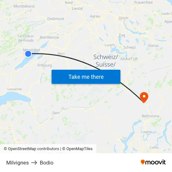 Milvignes to Bodio map
