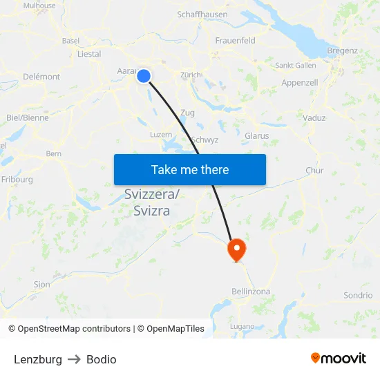 Lenzburg to Bodio map