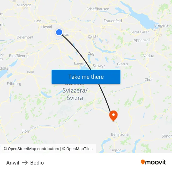 Anwil to Bodio map