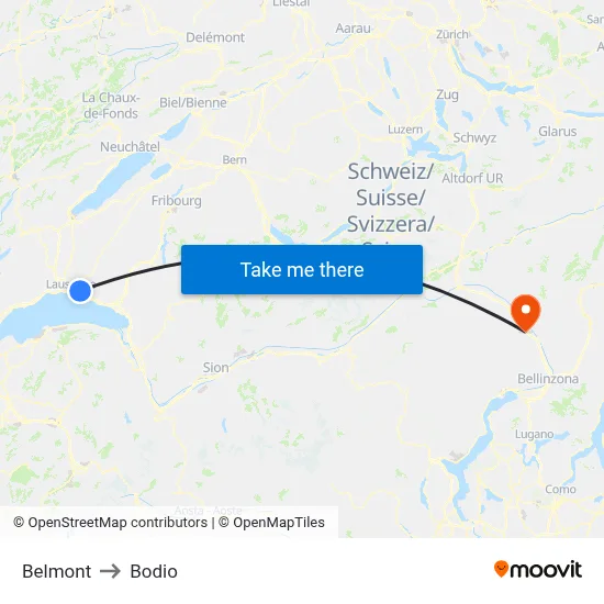 Belmont to Bodio map