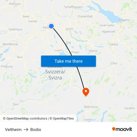 Veltheim to Bodio map