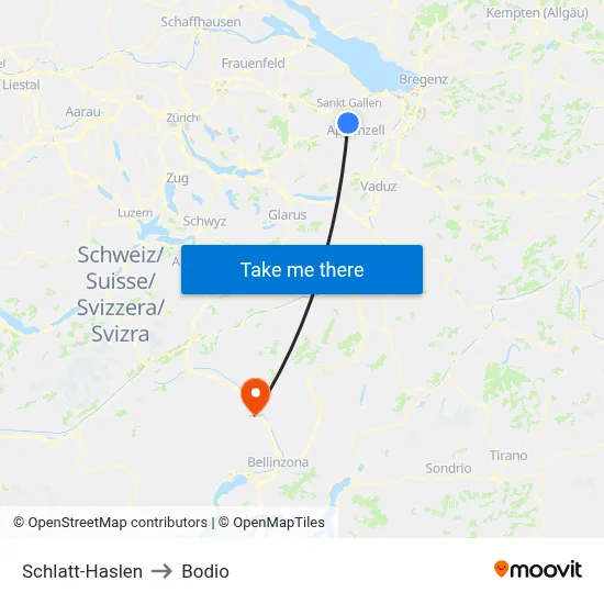 Schlatt-Haslen to Bodio map