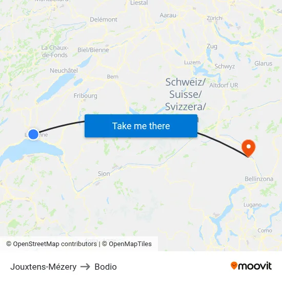 Jouxtens-Mézery to Bodio map