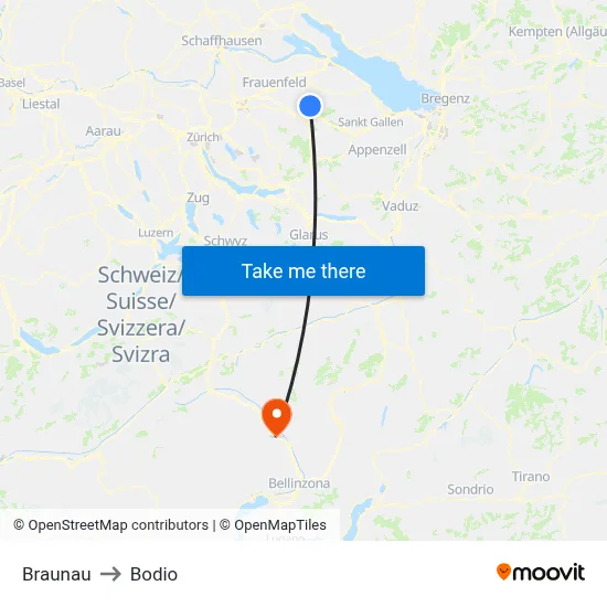 Braunau to Bodio map