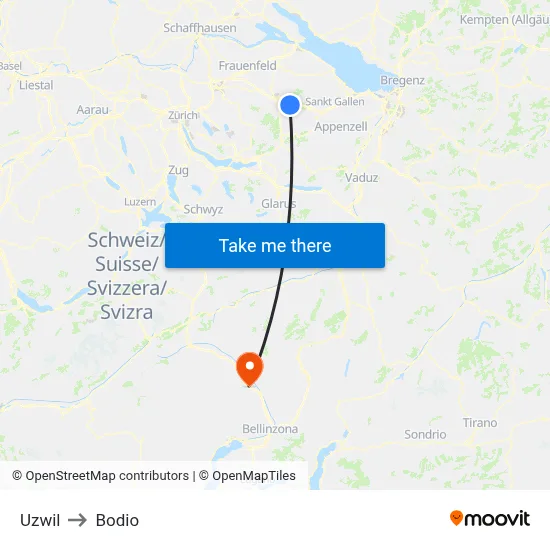 Uzwil to Bodio map