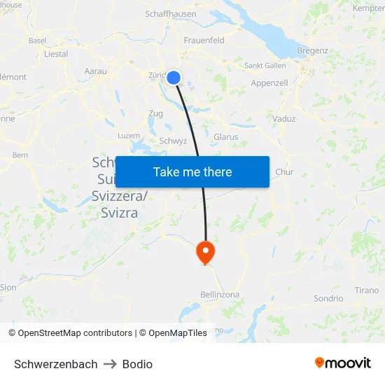 Schwerzenbach to Bodio map
