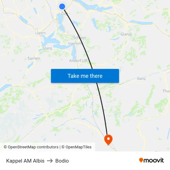 Kappel AM Albis to Bodio map