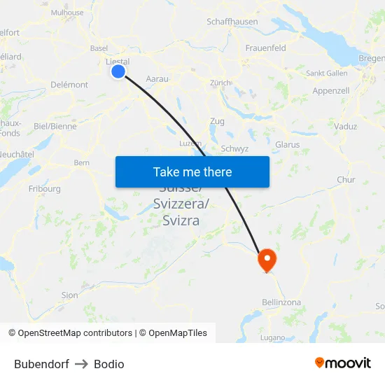 Bubendorf to Bodio map