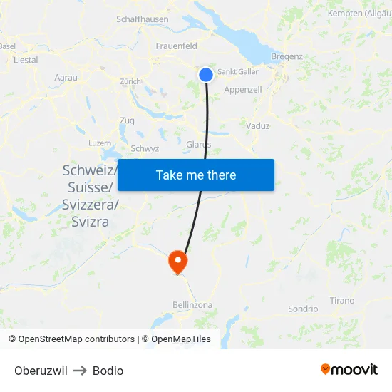 Oberuzwil to Bodio map