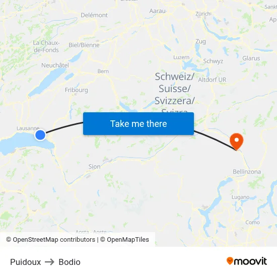 Puidoux to Bodio map