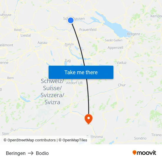 Beringen to Bodio map