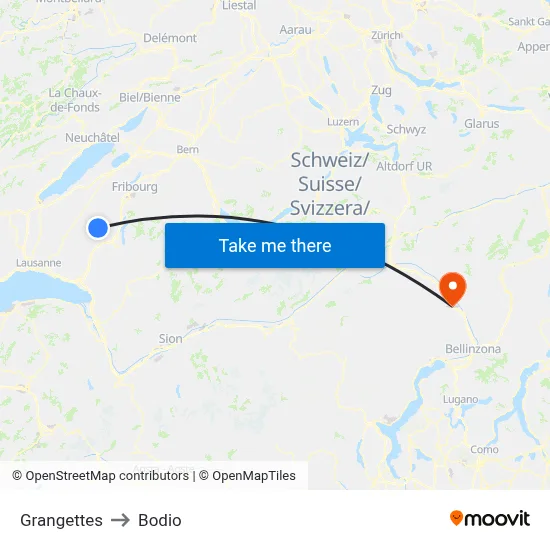 Grangettes to Bodio map