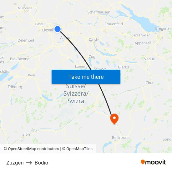 Zuzgen to Bodio map