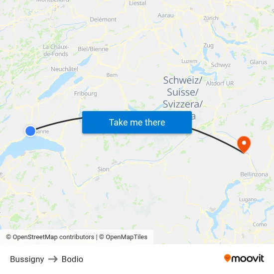 Bussigny to Bodio map