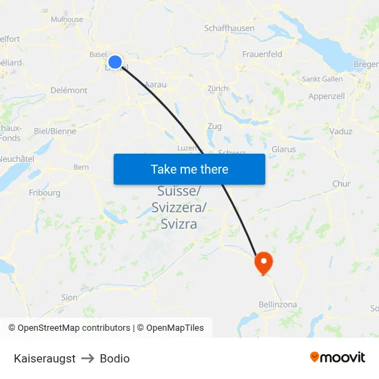 Kaiseraugst to Bodio map