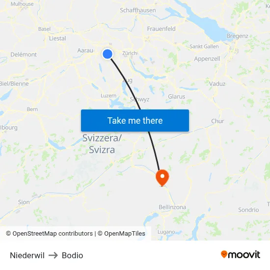 Niederwil to Bodio map