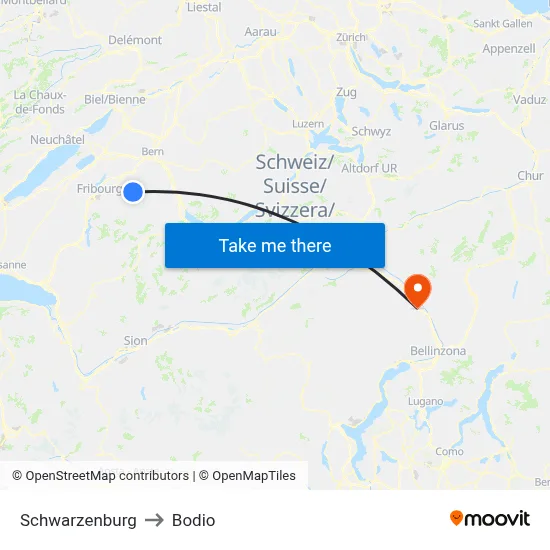 Schwarzenburg to Bodio map