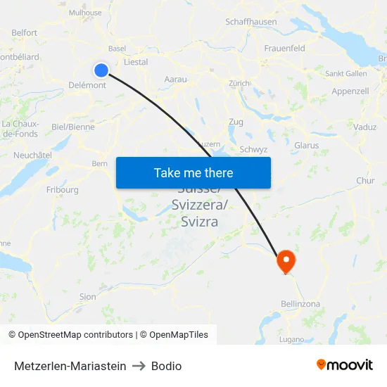 Metzerlen-Mariastein to Bodio map