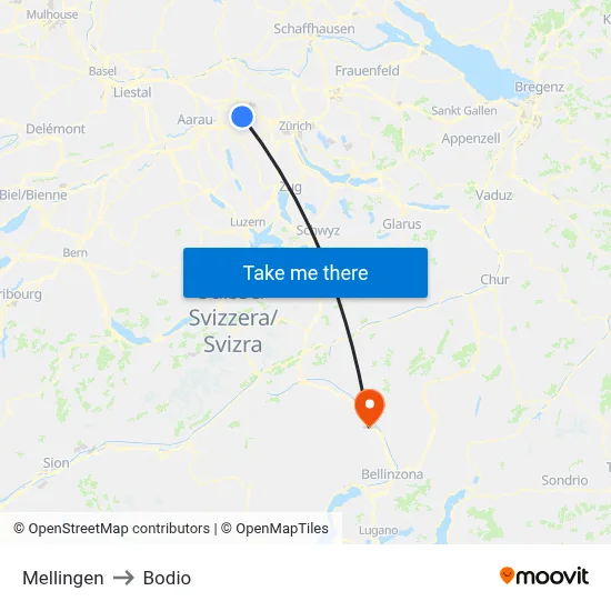 Mellingen to Bodio map