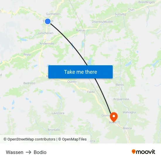 Wassen to Bodio map