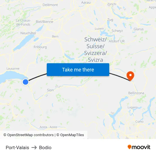 Port-Valais to Bodio map